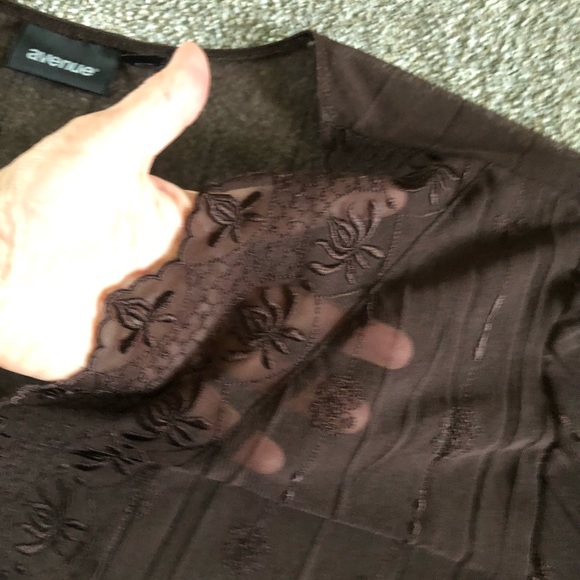 Avenue Mesh Embroidered Top Blouse Size 26/28 Chic Brown Stretchy Sheer Top - Picture 4 of 12